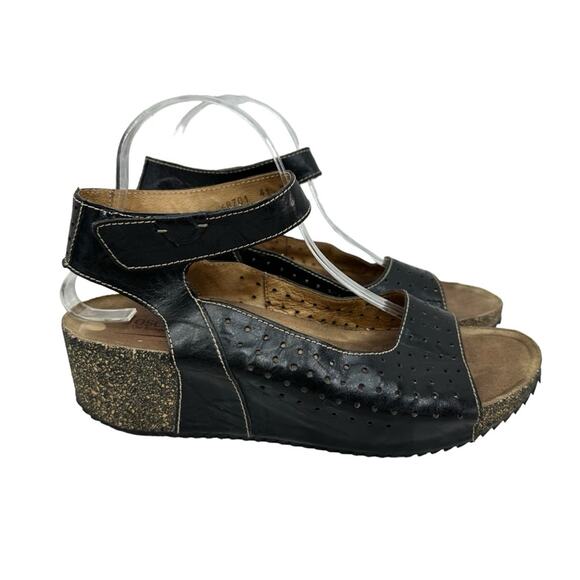 JOSEF SEIBEL Women’s Sz 41 Wedge Velcro Black Leather Sandals - Picture 1 of 13